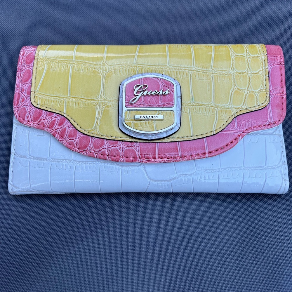 Guess Women's Pink, Yellow, and White Croc-Embossed Wallet